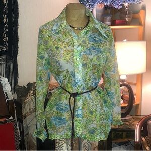 Vintage Teddi of California- 60's-70's-green sheer, dagger collar floral blouse